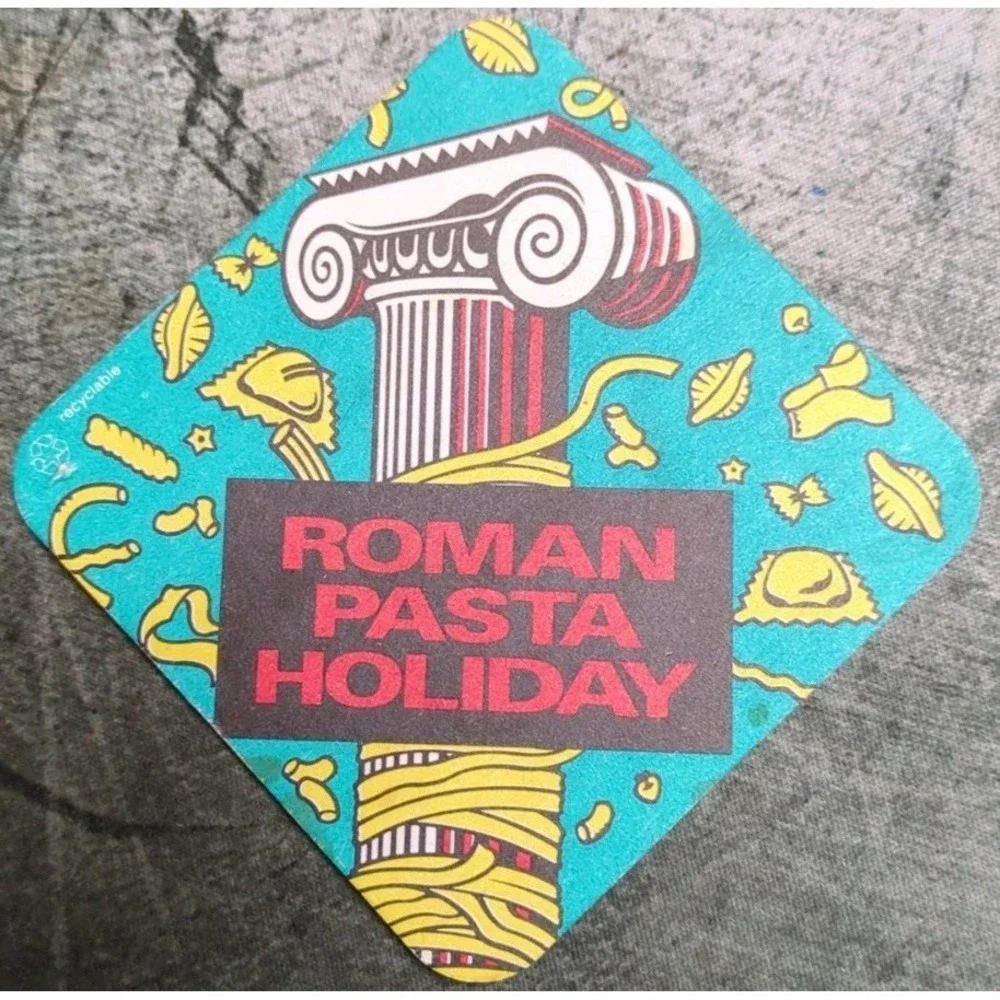 Vintage Paper Restaurant Coaster Roman‎ Pasta Holiday 80s 90s Teal Red Black